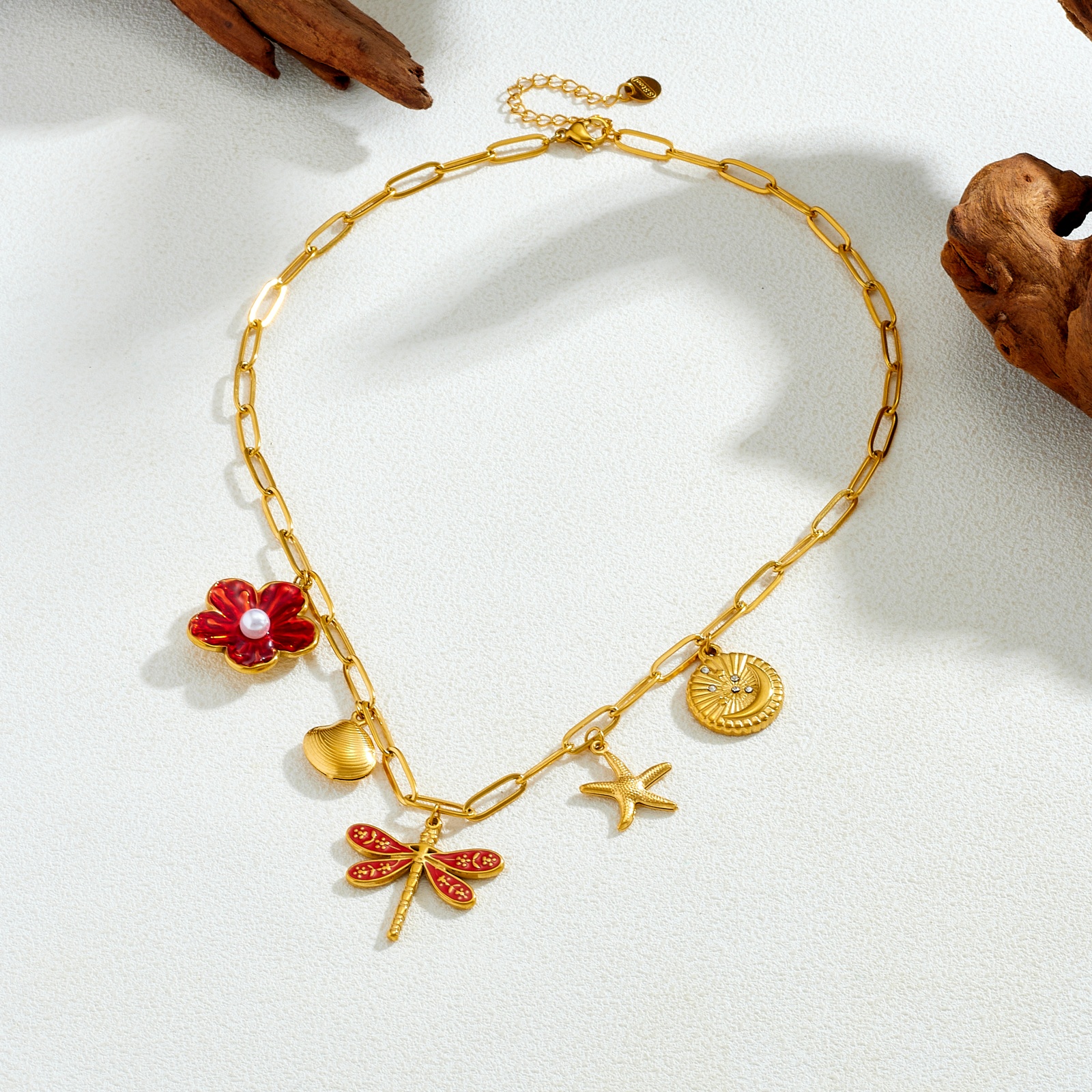 French Retro Enamel Flower Dragonfly Multi Pendant Necklace
